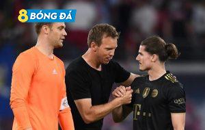 HLV Nagelsmann và tiền vệ Sabitzer ăn mừng chiến thắng trước đội bóng cũ
