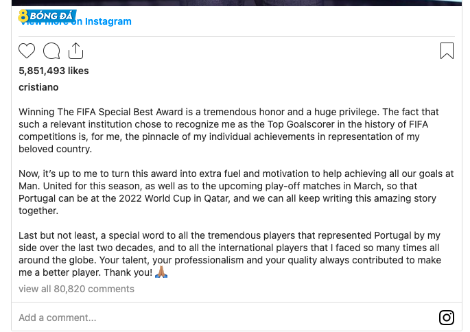 Ronaldo viết trên Instagram