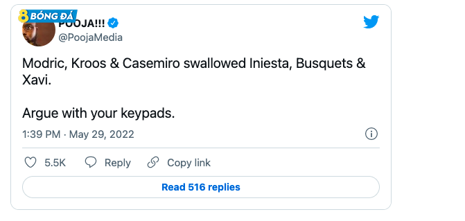 Một người hâm mộ nói: "Bất chấp tuổi tác và sự sa sút, họ đã cho thấy ở UCL rằng họ đang ở một giải đấu khác, vượt xa Xavi Iniesta và Busquets. Cuộc tranh luận này nên tạm dừng lại cho tốt!"