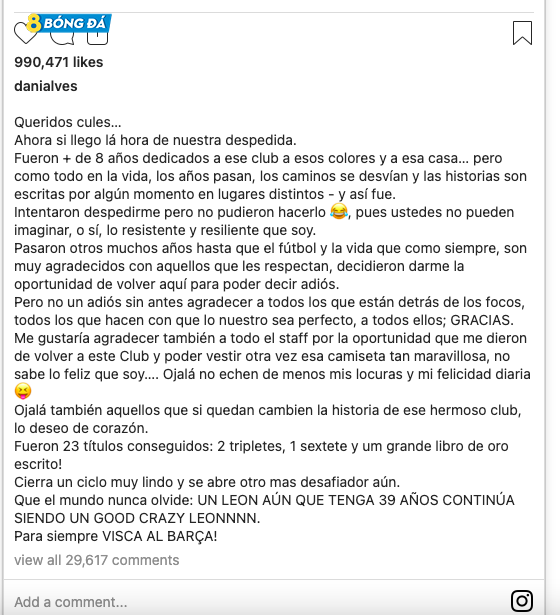 Dani Alves chia sẻ trên MXH về việc chia tay Barcelona