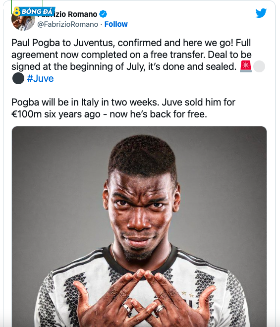 Nhà báo Romano chính thức xác nhận Pogba trở lại khoác áo Juventus