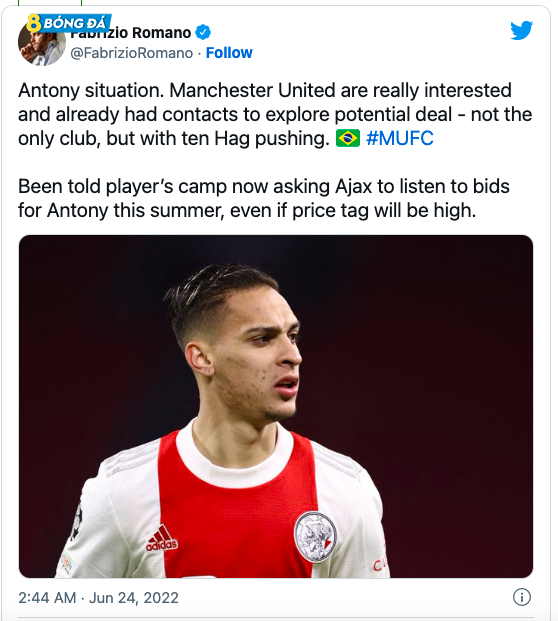 Nhà báo nổi tiếng Romano xác nhận người đại diện Antony muốn anh rời Ajax