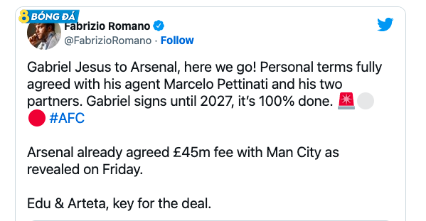 Nhà báo Romano đã chính thức xác nhận việc Jesus chuyển đến Arsenal