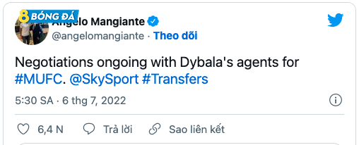 Nhà báo Angelo Mangiante của Sky Italy cho rằng MU đang đàm phán với Dybala